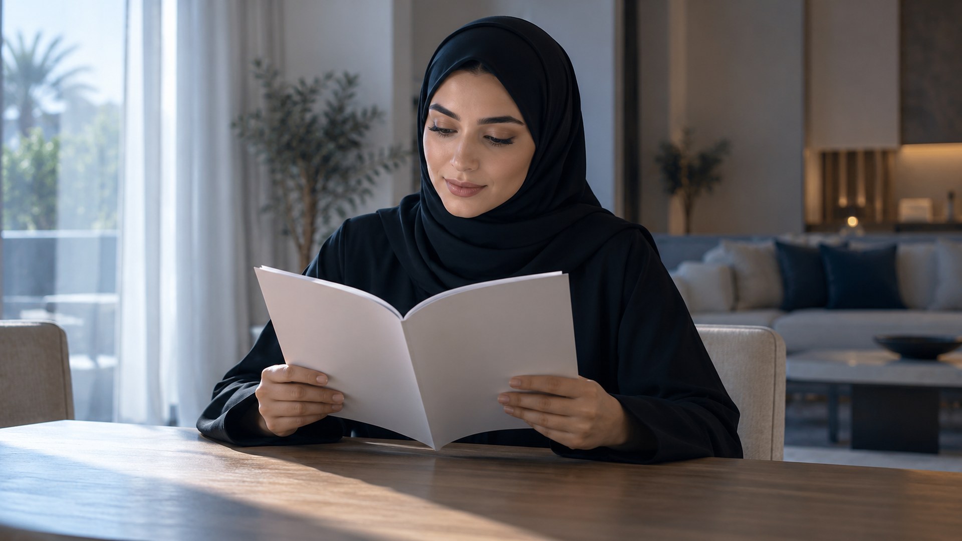 امرأة سعودية بلباس محتشم تقرأ كتيّباً صحياً على طاولة الطعام