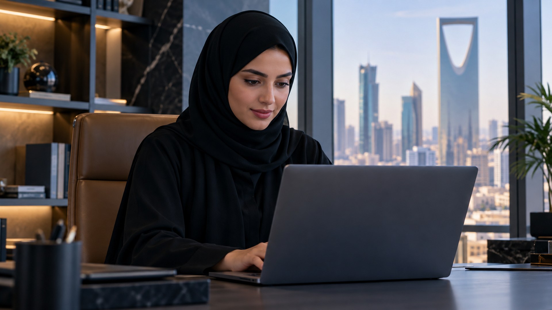 امرأة سعودية في مكتبها تستخدم مساعد كتابة ذكياً على اللابتوب