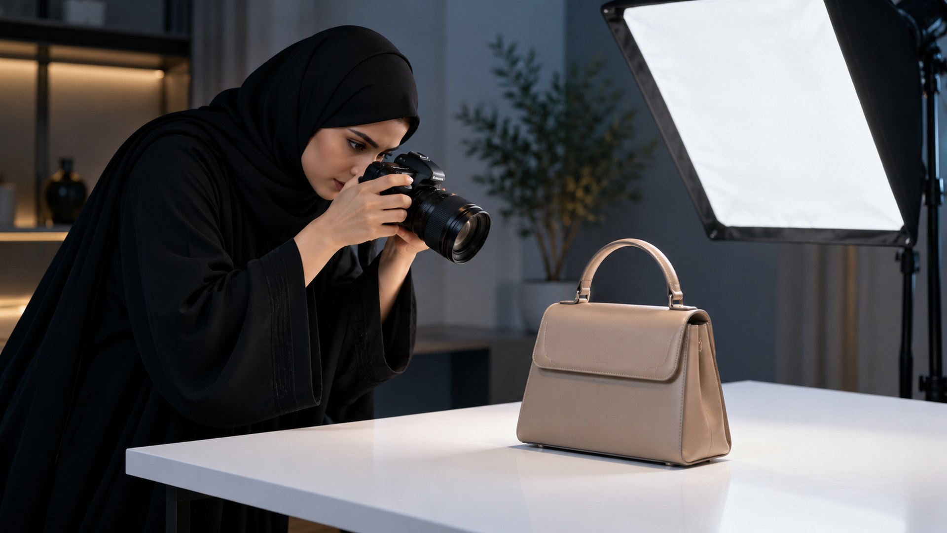 امرأة سعودية تصوّر حقيبة يد على طاولة بيضاء بإضاءة استوديو لمتجرها الإلكتروني