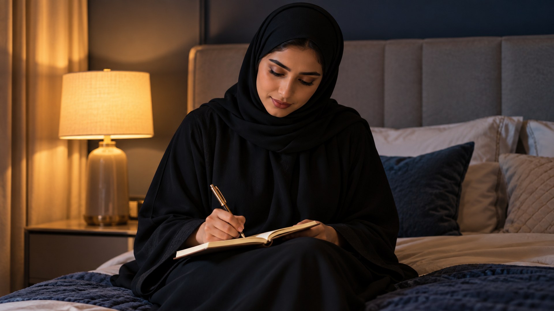 امرأة سعودية تكتب في دفتر بجانب أباجورة دافئة وجوالها بعيد