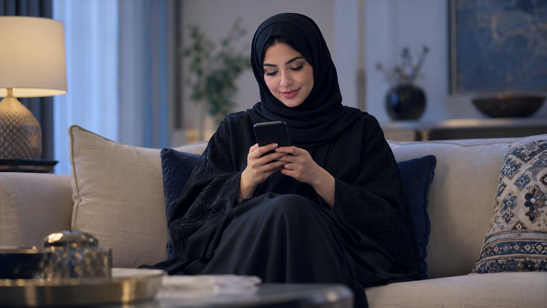 امرأة سعودية على الكنب تقرأ تقييمات المنتج على جوالها قبل الشراء