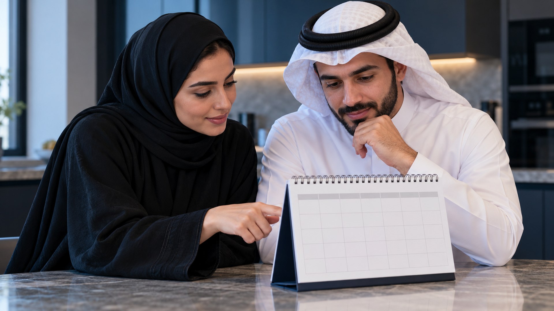 امرأة سعودية تراجع تقويم المواعيد مع زوجها على طاولة المطبخ