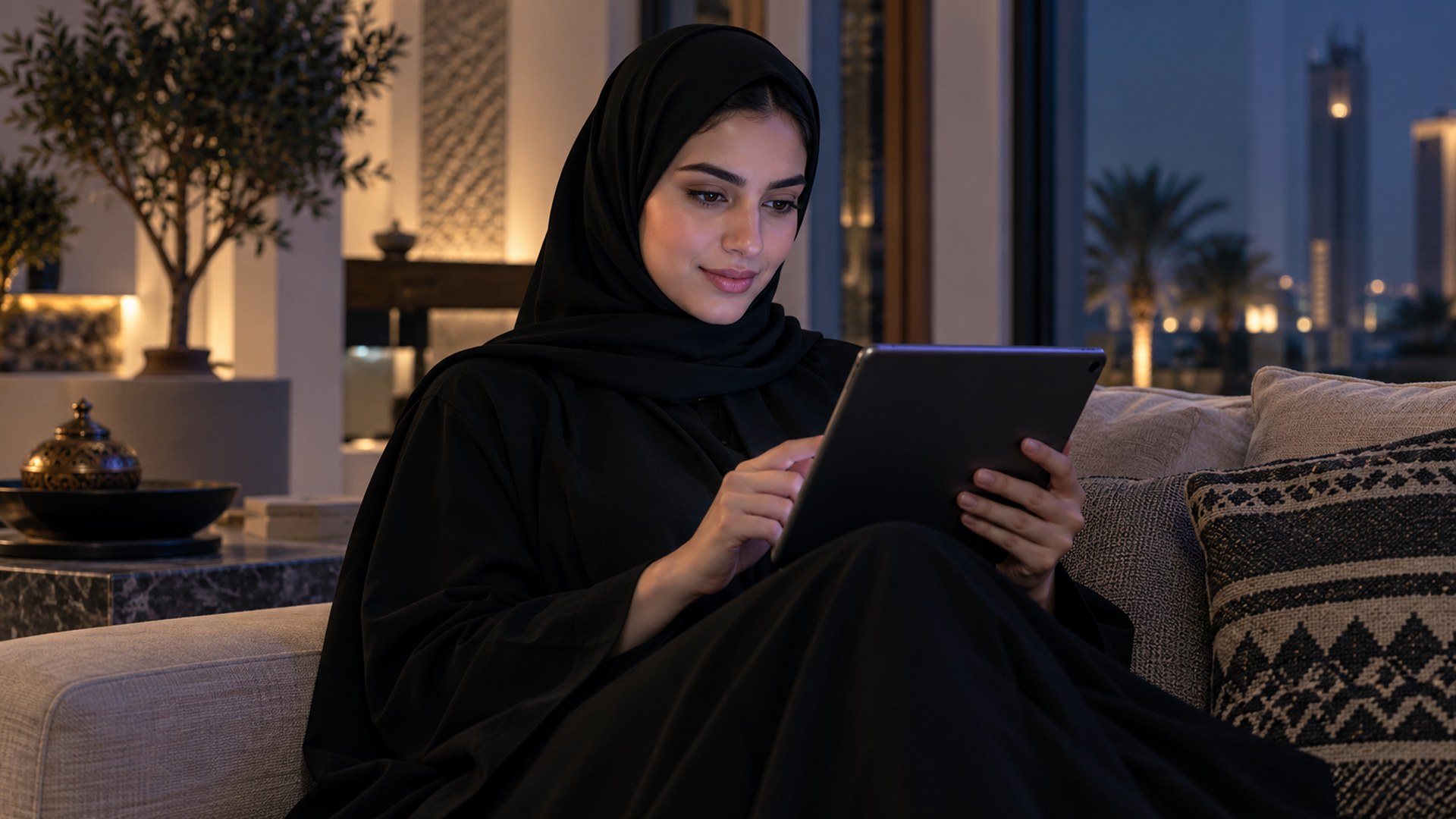 امرأة سعودية تتصفح بوابة المريض في المستشفى على جهاز لوحي في بيتها