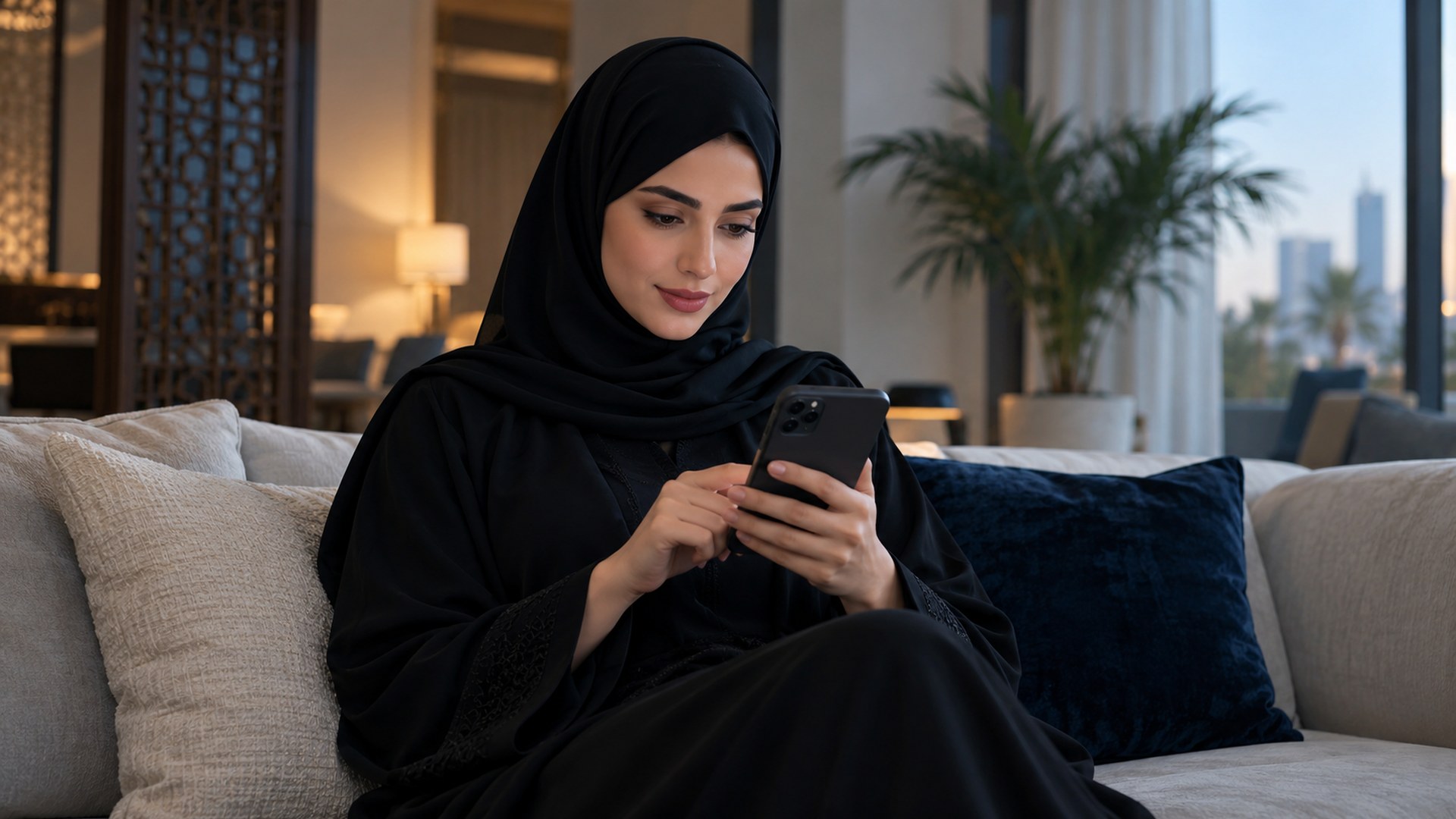 امرأة سعودية تراجع سلة مشترياتها على الجوال قبل الدفع
