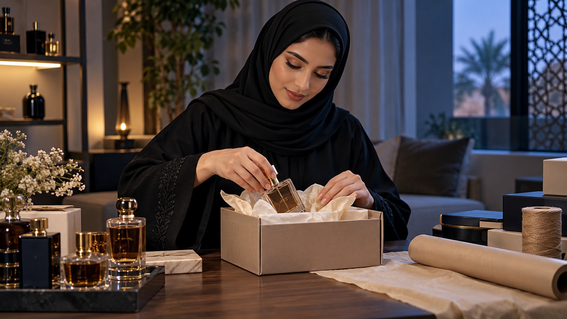 امرأة سعودية صاحبة متجر عطور إلكتروني تغلّف طلباً في مساحة عملها بالبيت