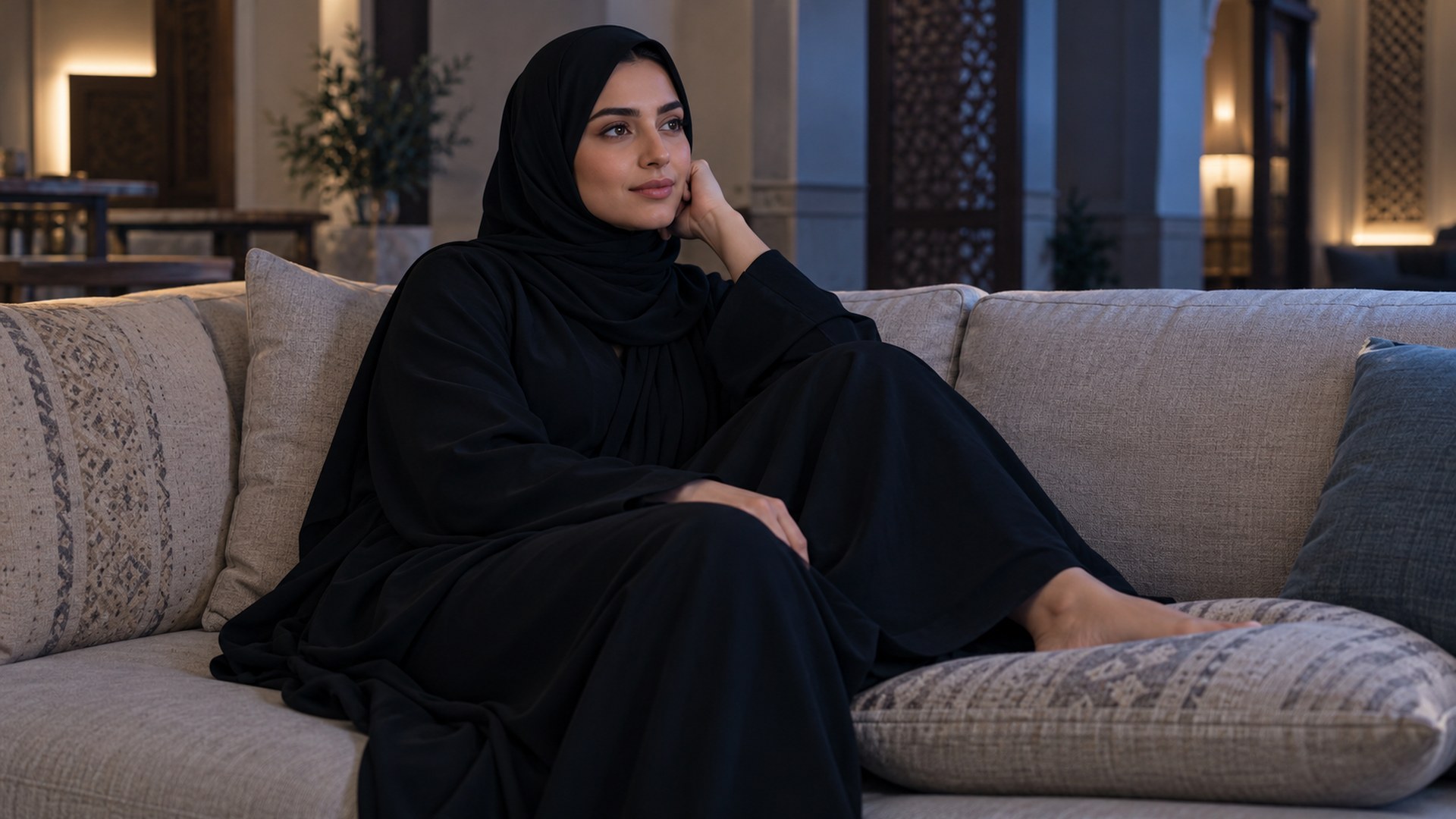 امرأة سعودية على الكنب تسند قدمها على وسادة بهدوء