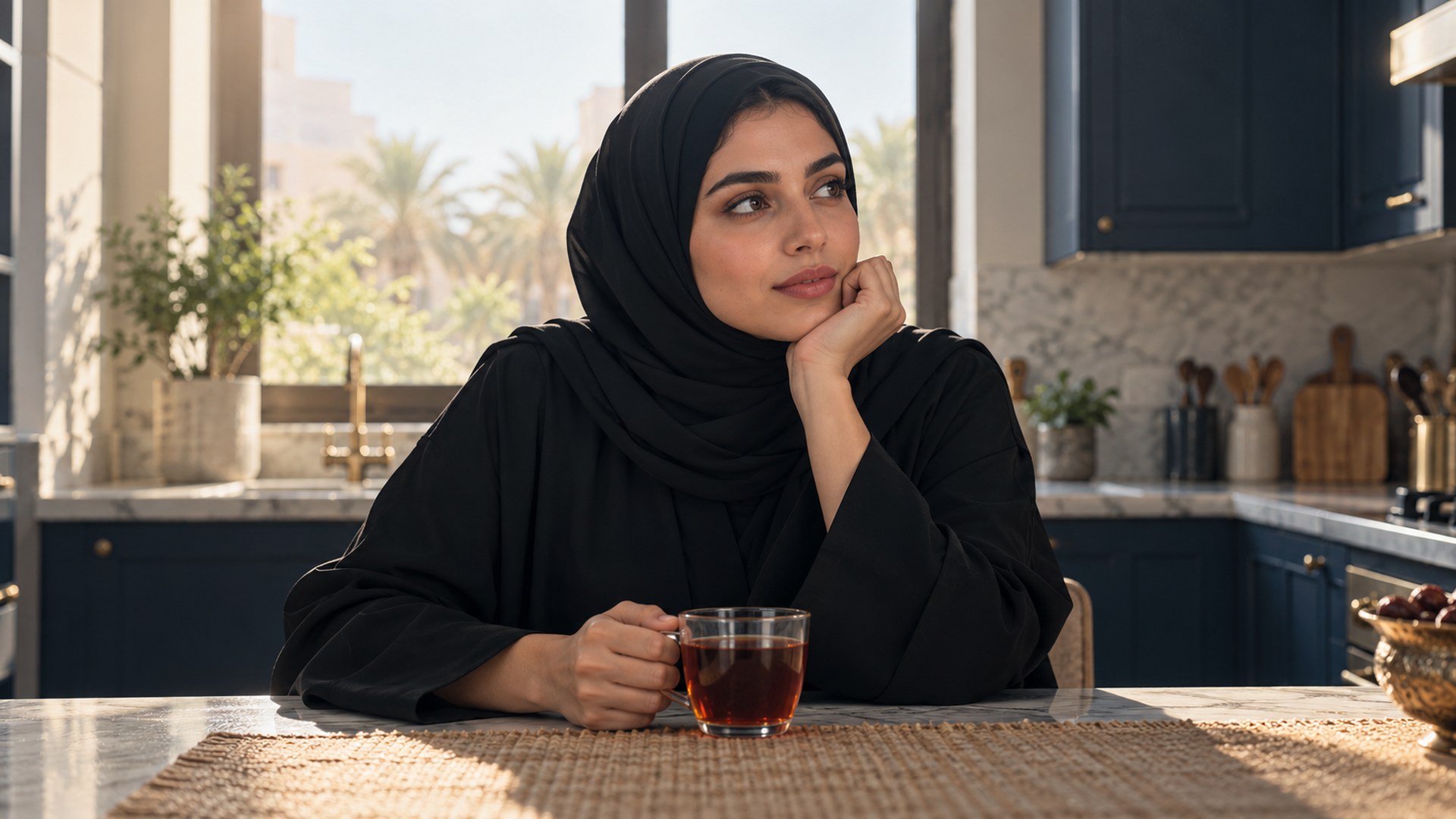 امرأة سعودية على طاولة المطبخ مع كوب شاي في ضوء الصباح