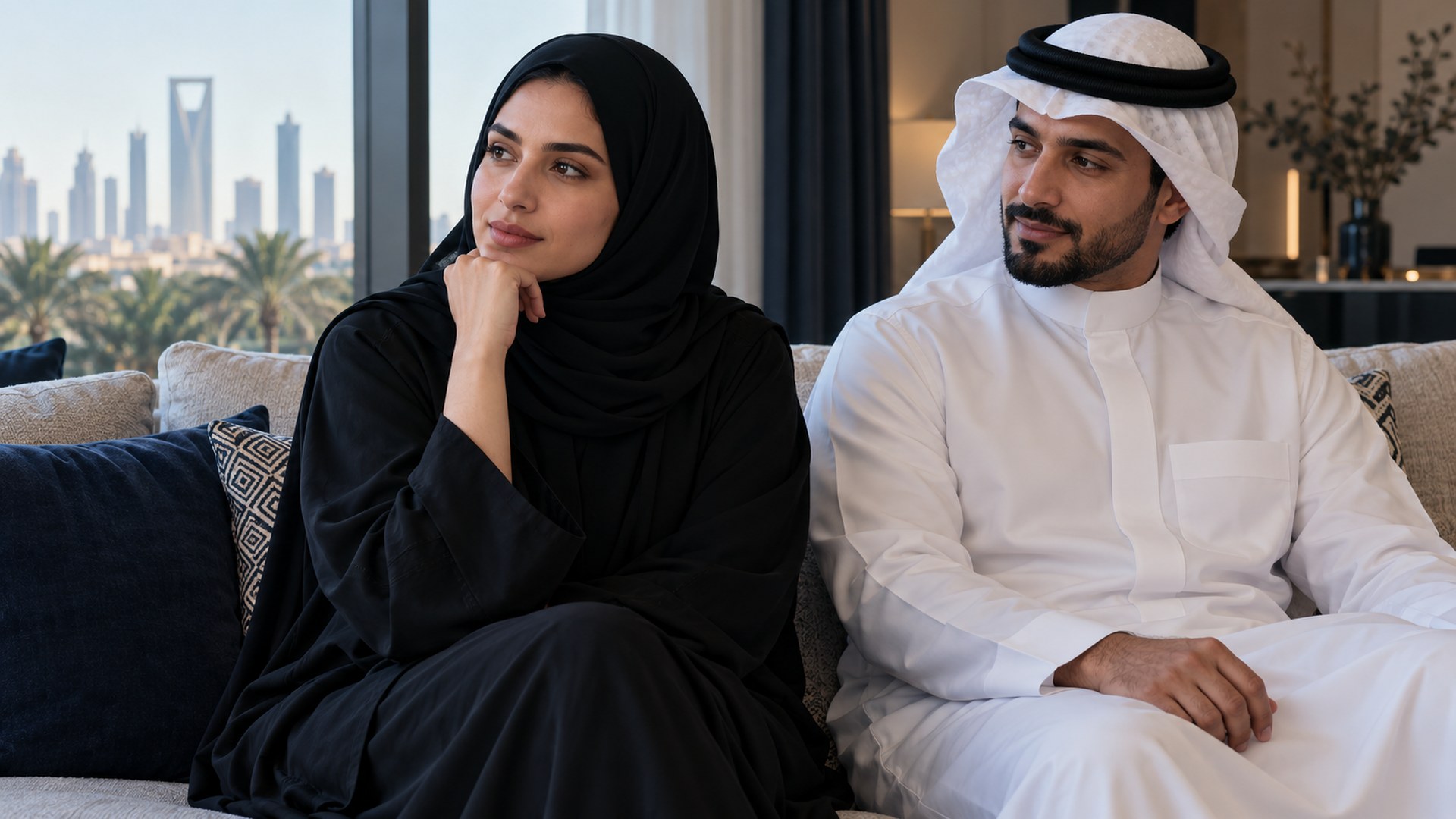 امرأة سعودية جالسة متأملة بجانب زوجها على الكنب في بيت هادئ