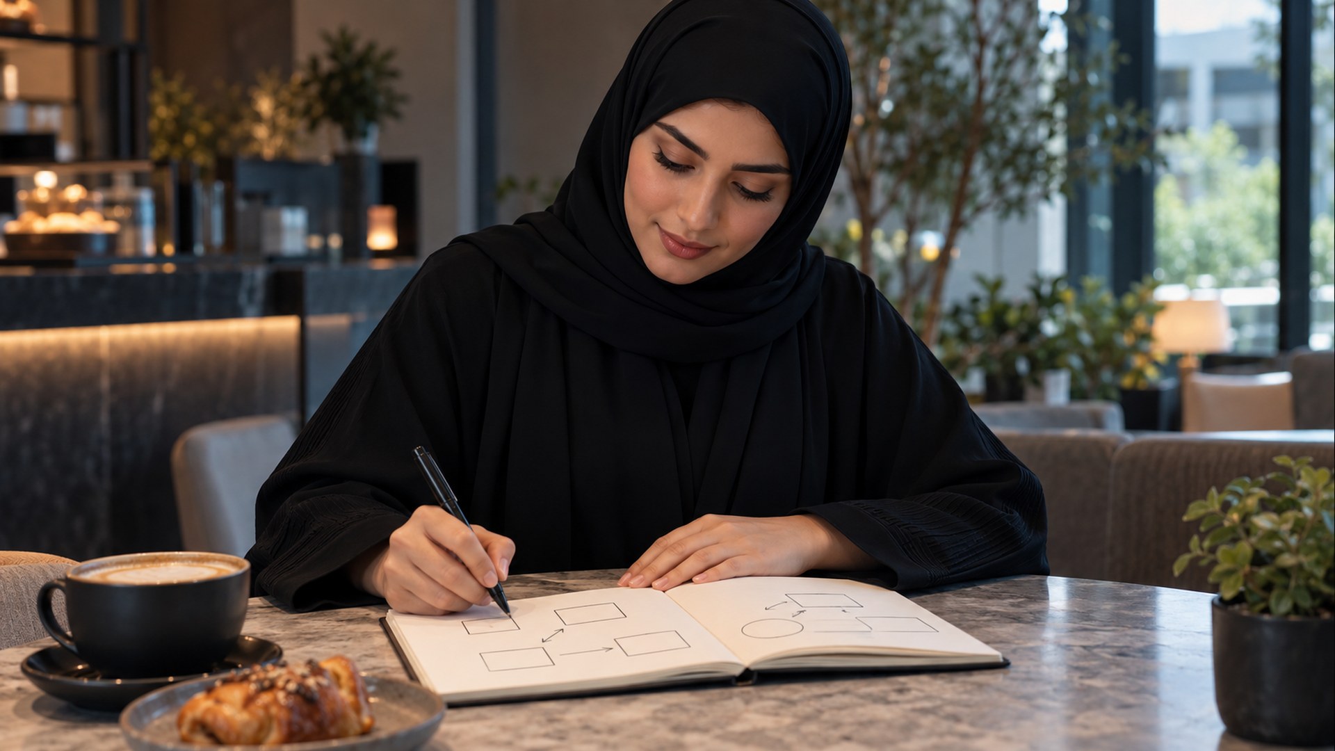 امرأة سعودية ترسم خطة محتوى بسيطة بالأسهم في دفتر بمقهى