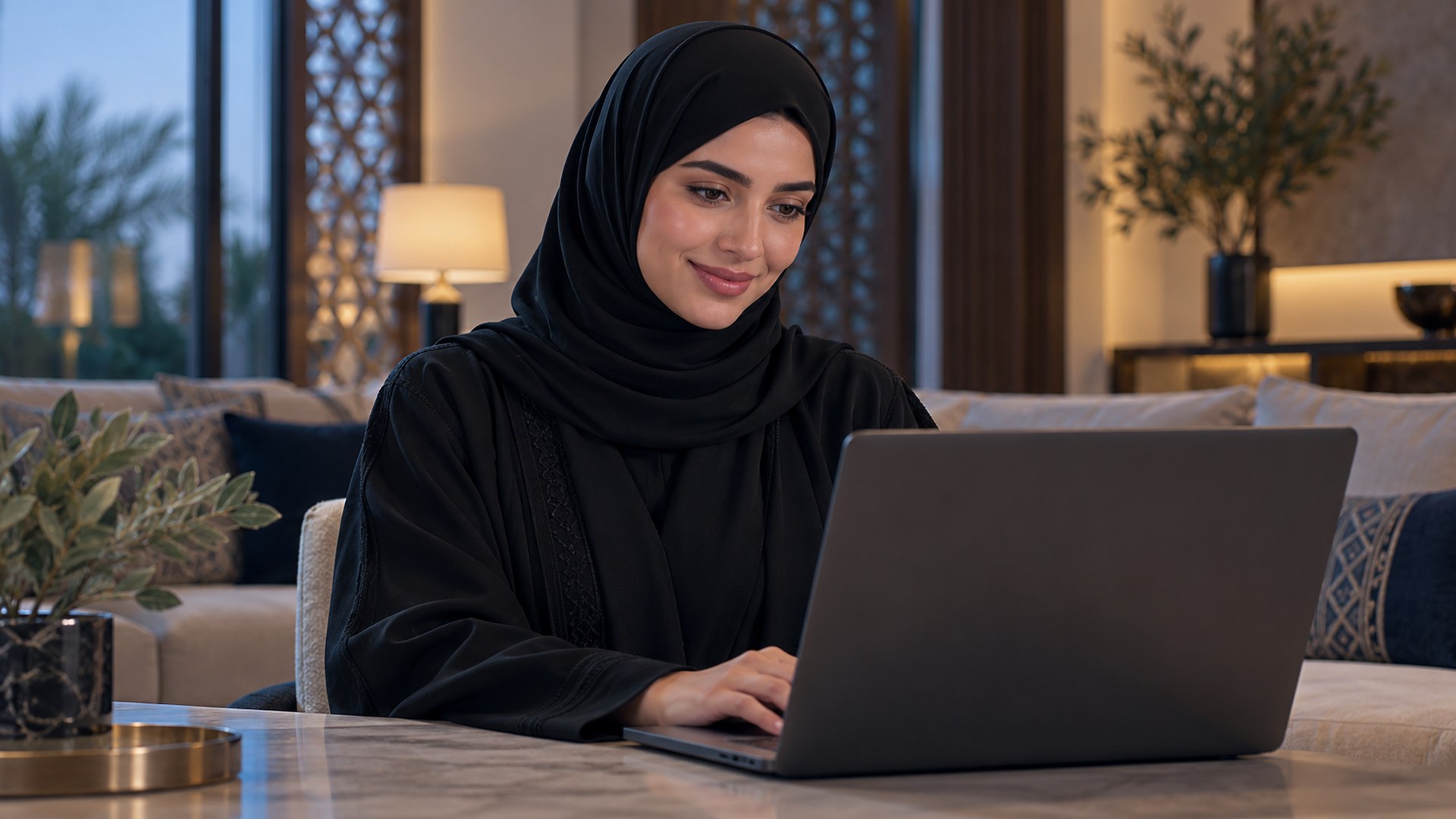 امرأة سعودية تبتسم بعد إنهاء خدمة إلكترونية على لابتوبها في البيت