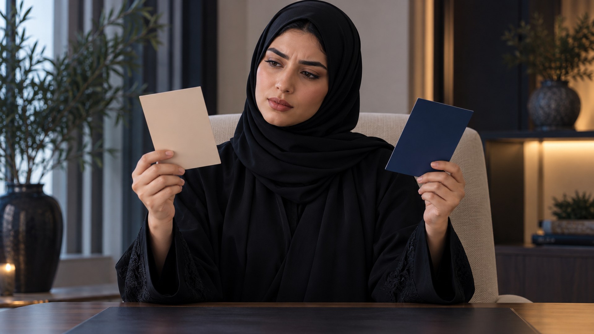 امرأة سعودية تفكر بعناية على مكتبها وهي تقارن الخيارات