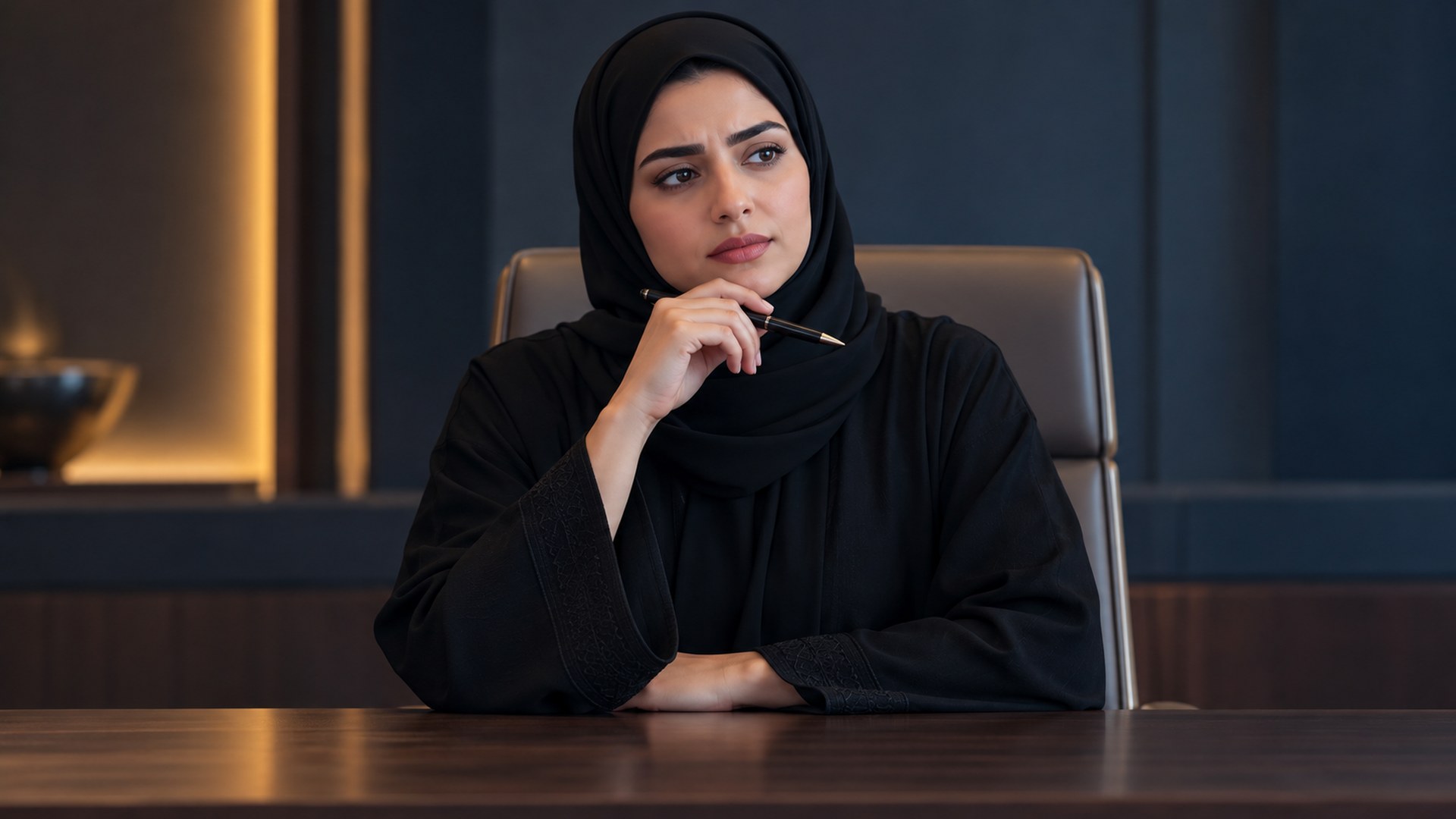 امرأة سعودية تفكر على مكتبها والقلم في يدها وهي توازن بين خيارين
