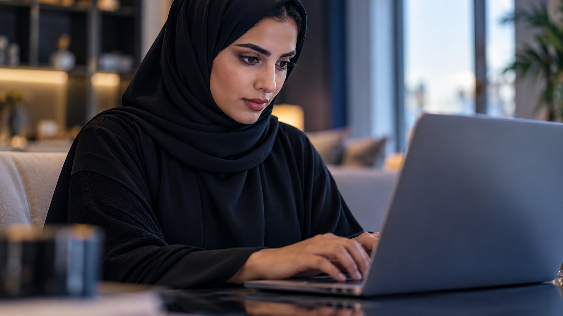 امرأة سعودية تكتب سؤالاً عن طريقة عمل شيء في خانة البحث على لابتوبها