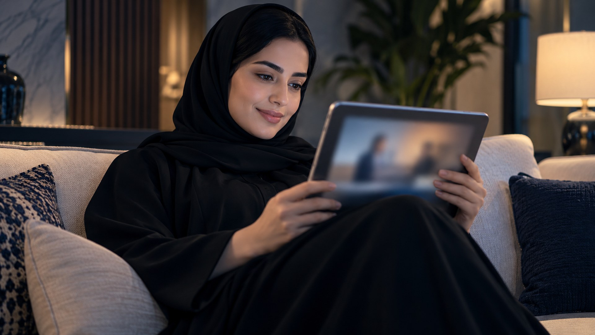 امرأة سعودية على الكنب تشاهد فيديو تعليمياً على جهازها اللوحي