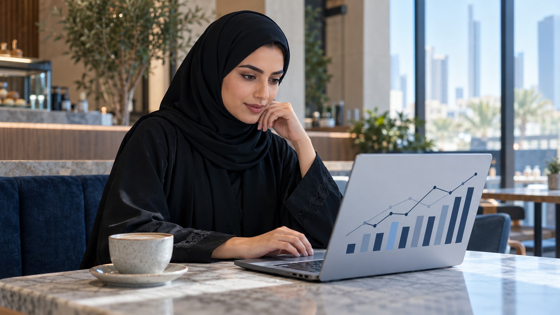 امرأة سعودية في مقهى هادئ تقرأ جدول مقارنة على موقع من لابتوبها