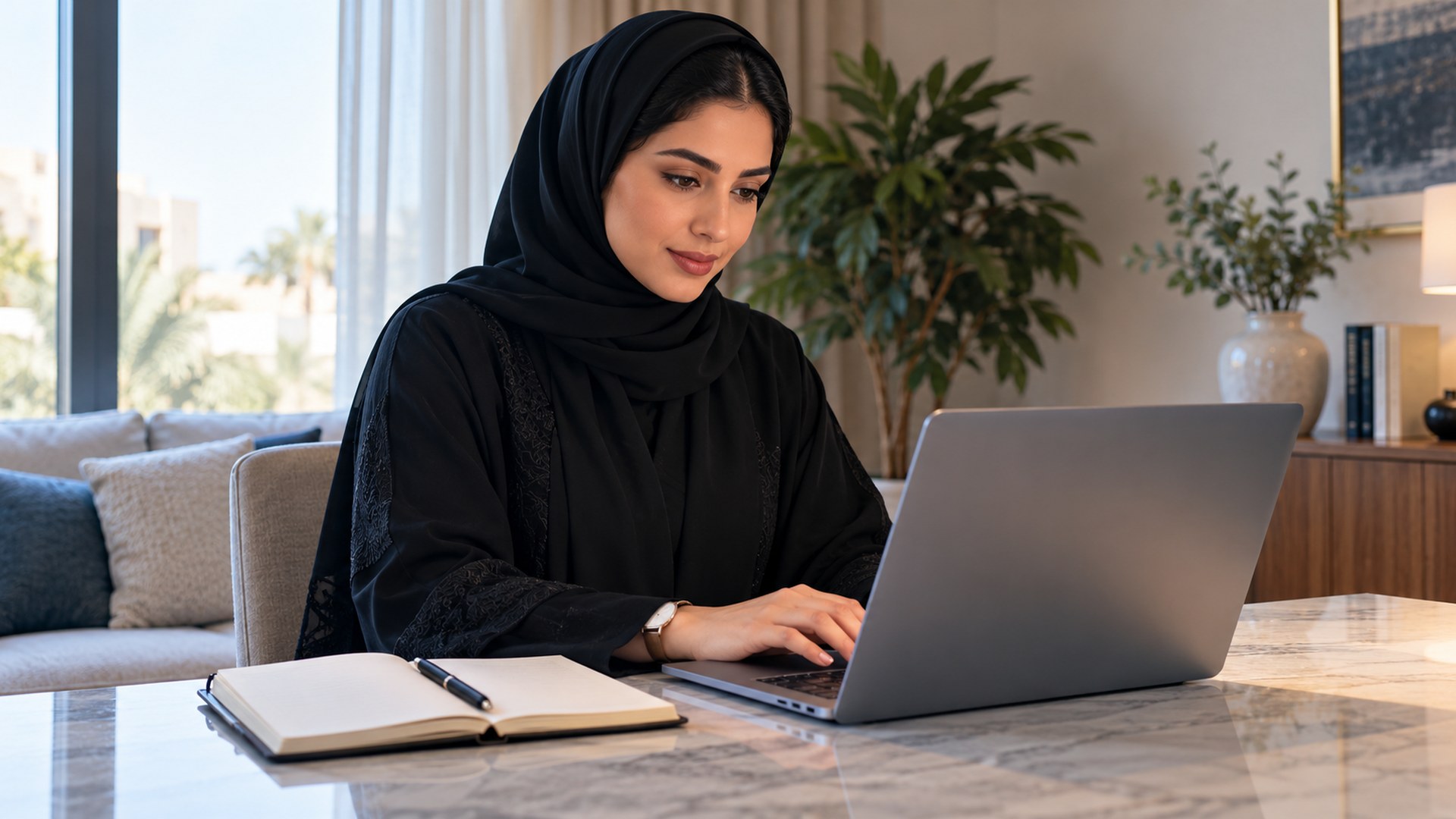 كاتبة سعودية تكتب مقالاً على لابتوبها في مكتب منزلي مضيء