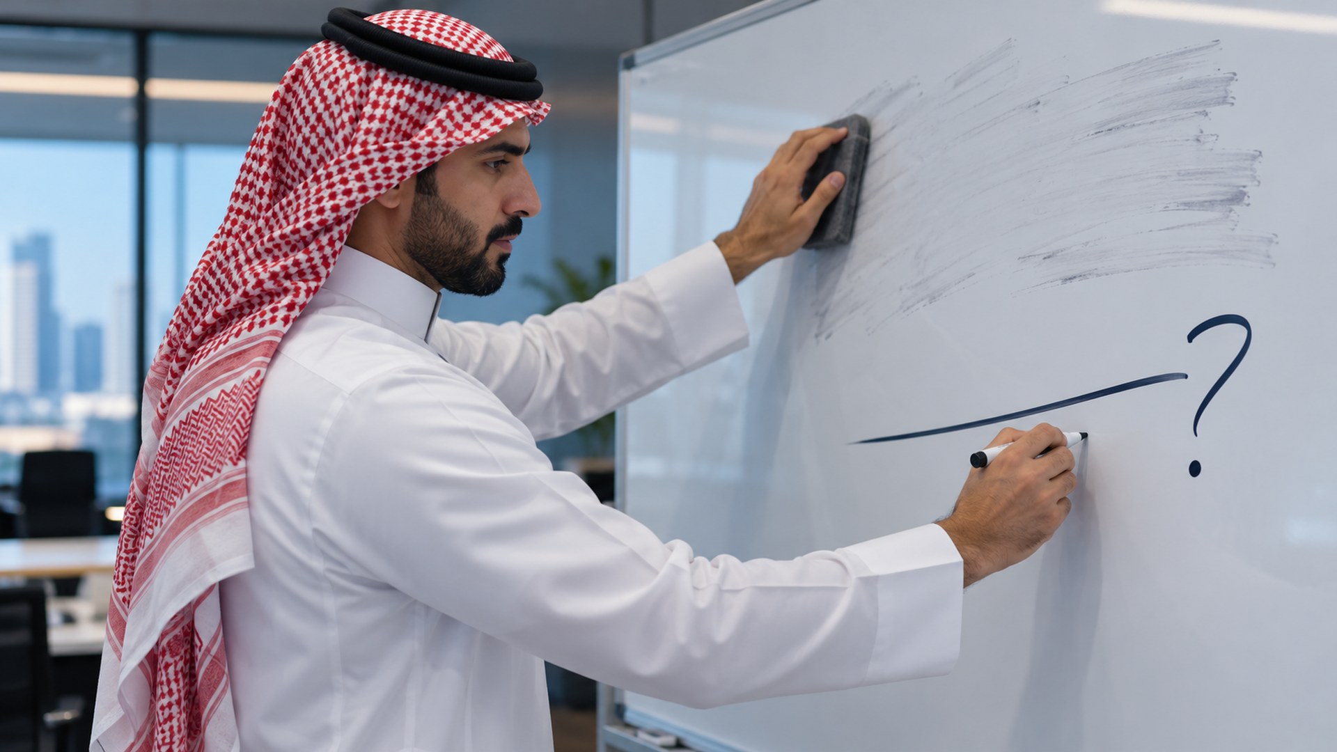 كاتب سعودي يمسح عنواناً عاماً من السبورة ويكتب مكانه سؤالاً محدداً