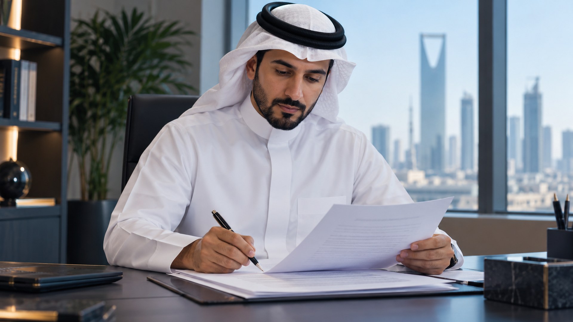 كاتب سعودي يراجع مسودة مطبوعة بالقلم على مكتب نظيف