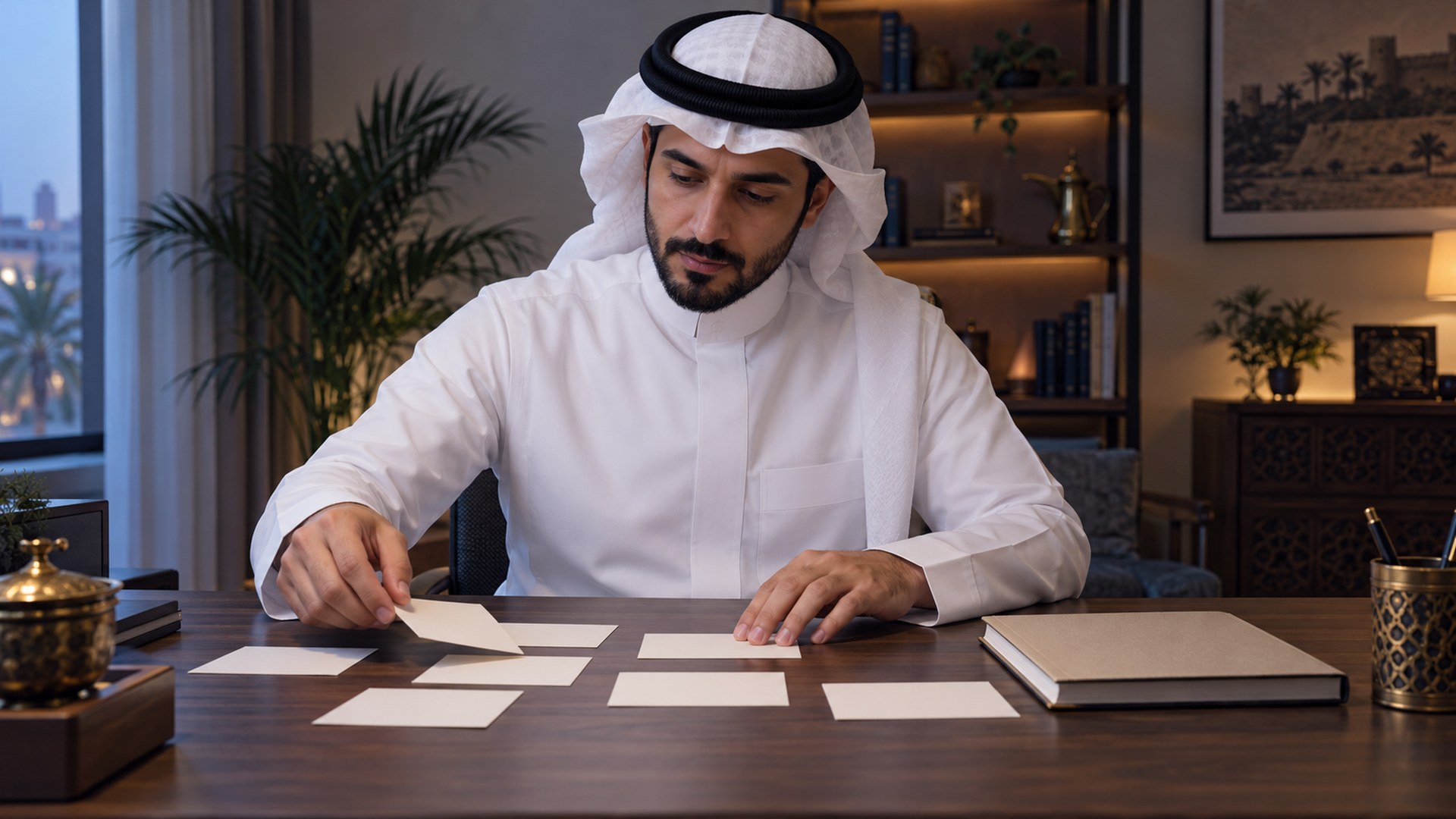 كاتب سعودي يرتب بطاقات بحث بجانب دفتر في مكتب البيت