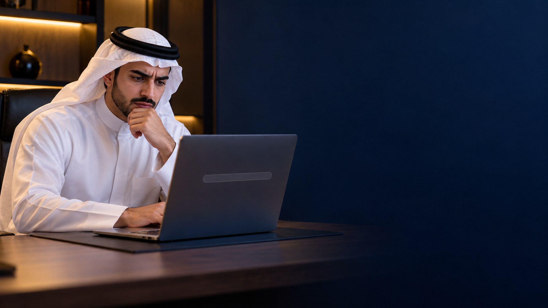 صاحب عمل سعودي شاب بثوب أبيض محتار أمام خانة بحث فارغة على اللابتوب