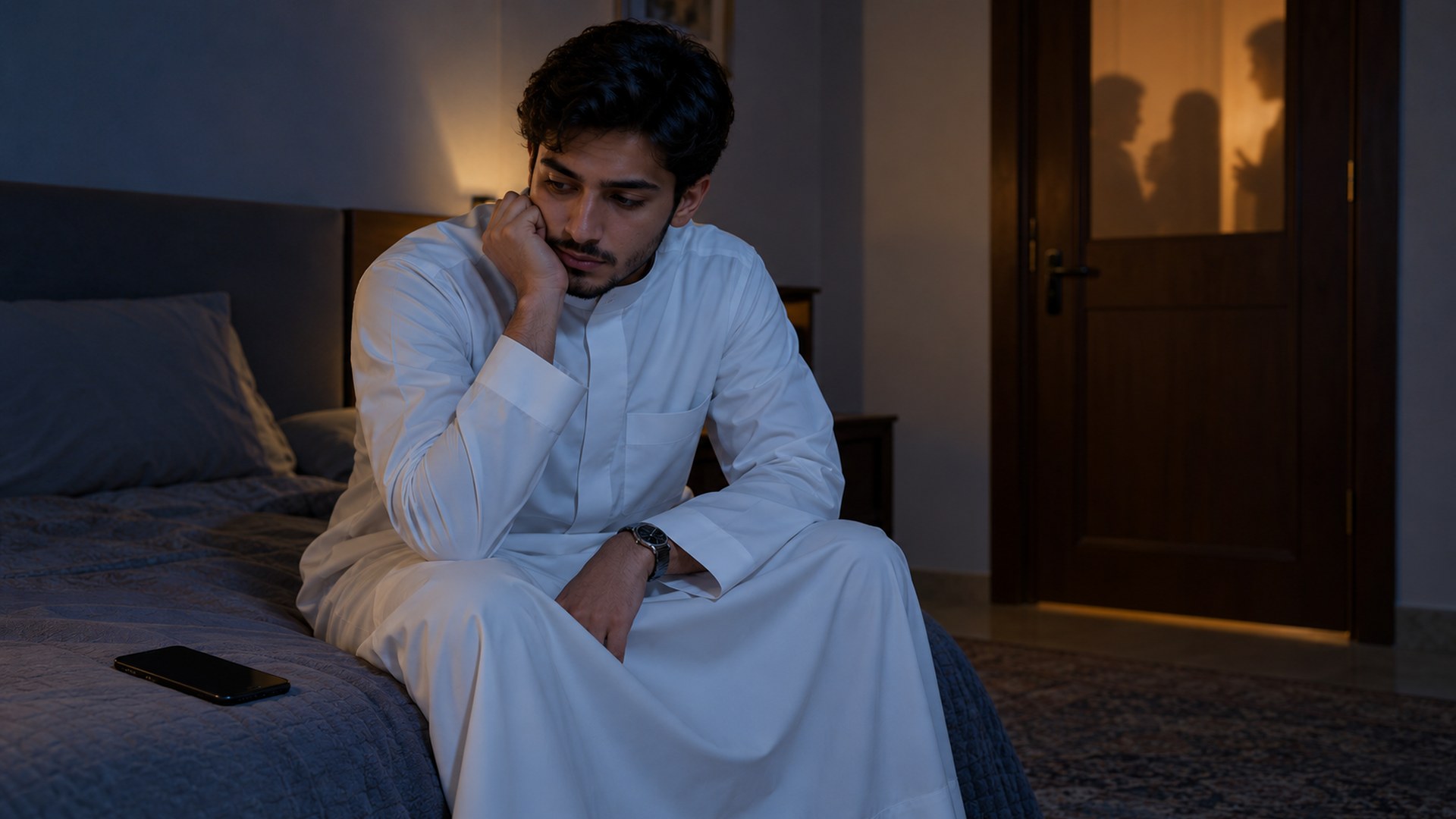 شاب سعودي وحيد في غرفة خافتة يتجاهل جواله وأصوات العائلة خلف الباب