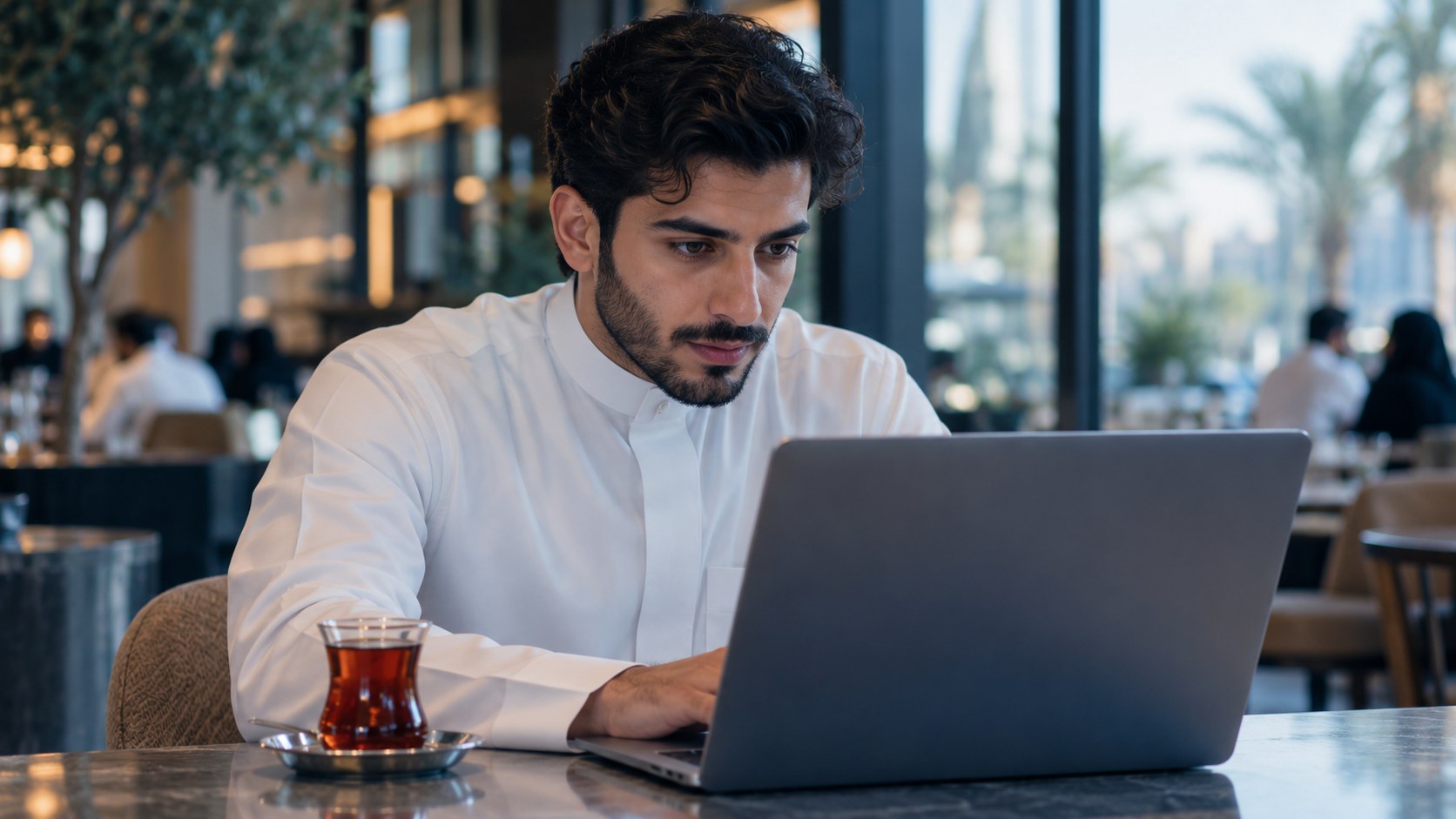 شاب سعودي في مقهى يتفحص شاشة لابتوبه وبجانبه كوب شاي