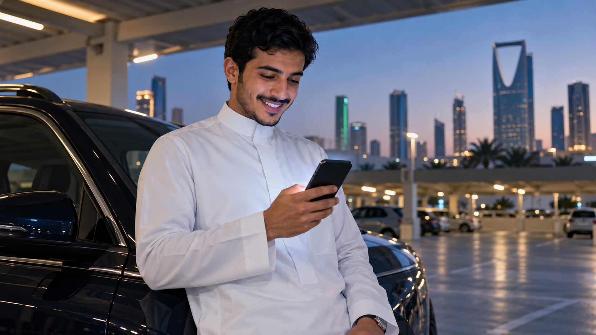 شاب سعودي يبتسم وصفحة تفتح فوراً على جواله في موقف السيارات