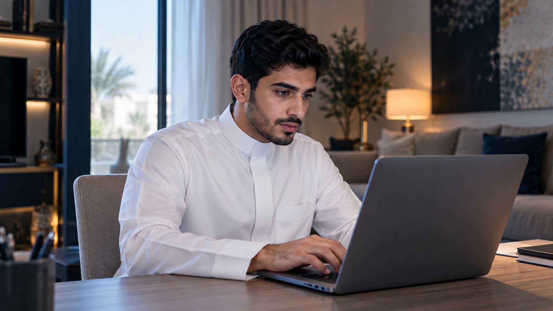 شاب سعودي بالثوب ينظر باهتمام إلى اللابتوب في مكتب البيت