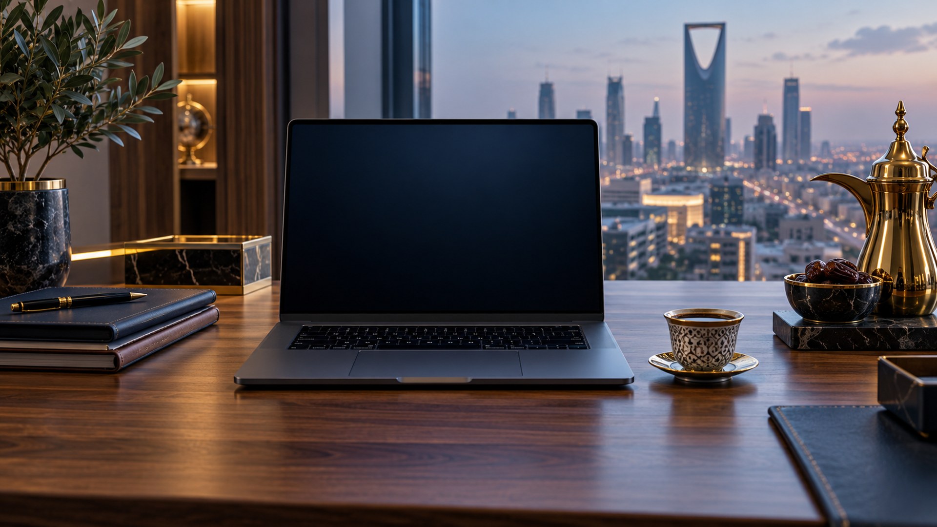 موظف خليجي يعمل على مكتب خشبي نظيف بلابتوب وفنجان قهوة عربية، من فوق كتفه