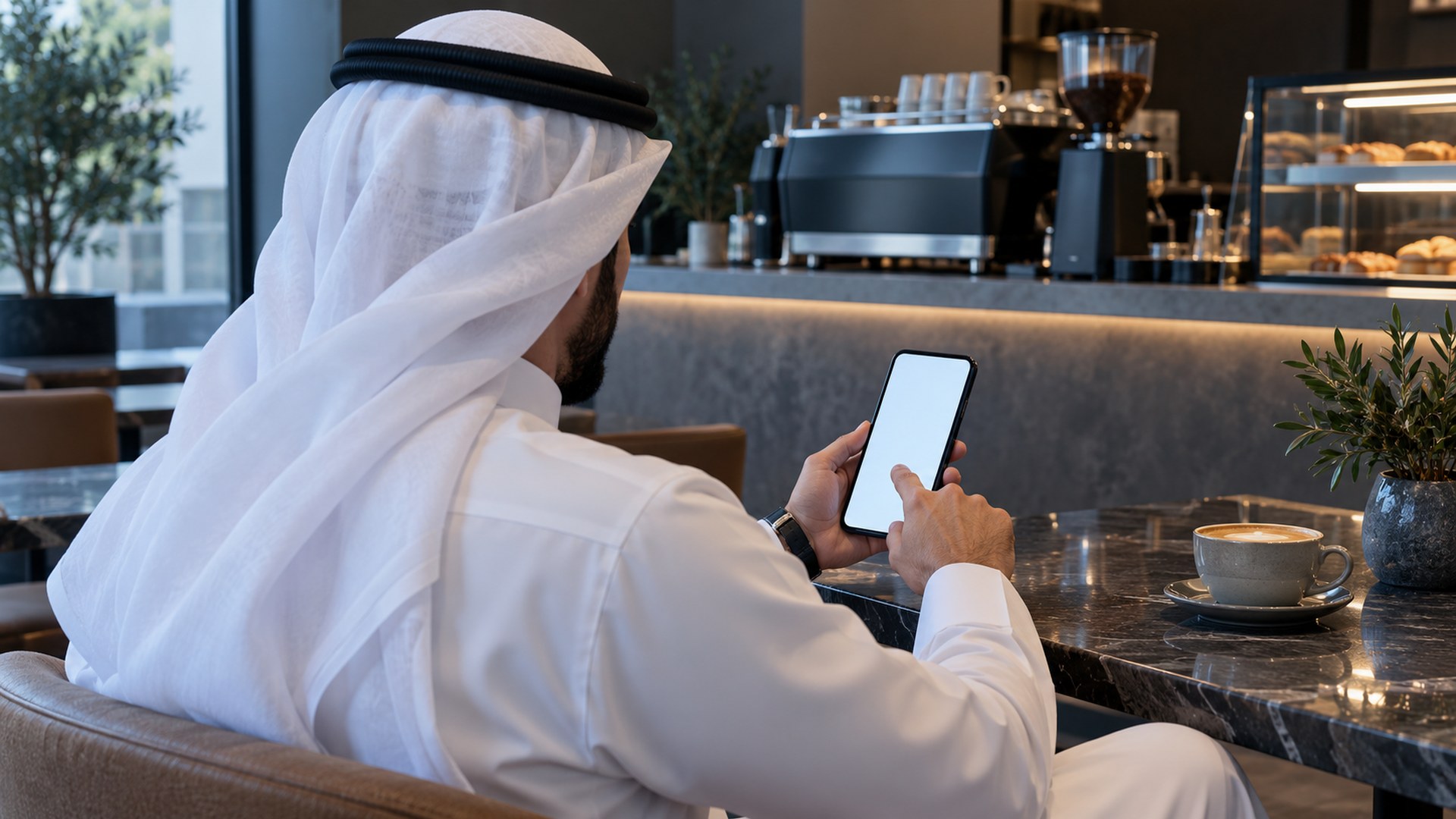 شخص يتصفح متجراً على جواله ويضغط للدفع على طاولة مقهى، من فوق كتفه