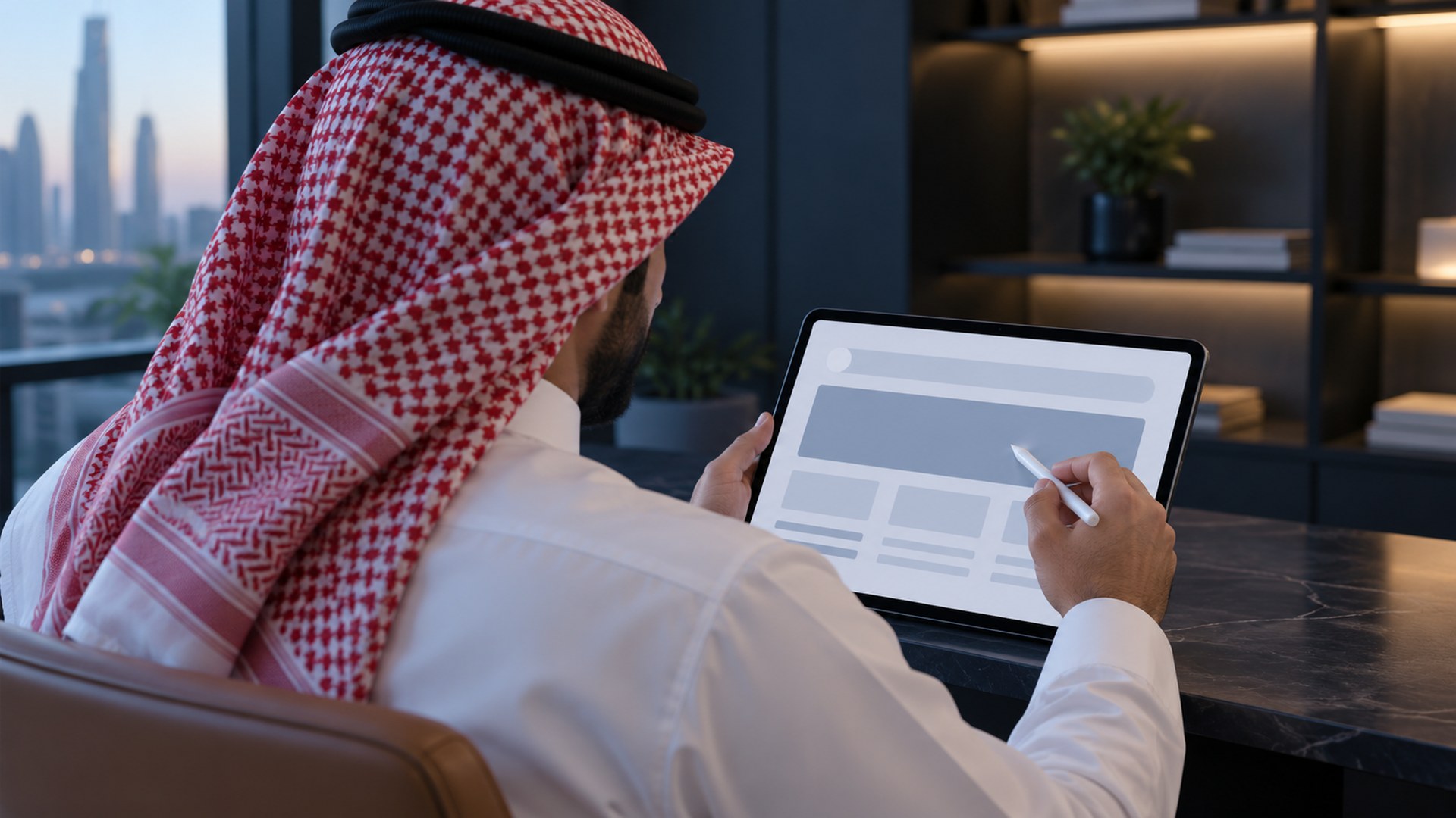 شخص يظلل العنوان الرئيسي وشريط الرابط القصير على جهاز لوحي بقلم لمس
