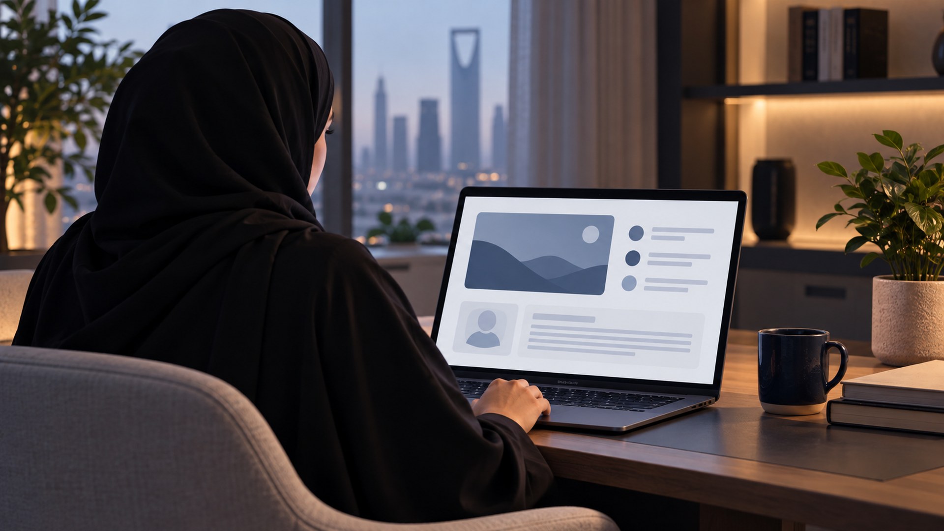 امرأة سعودية بعباءة سوداء تقرأ مخرجات دورة ونبذة المدرب على اللابتوب، من فوق كتفها