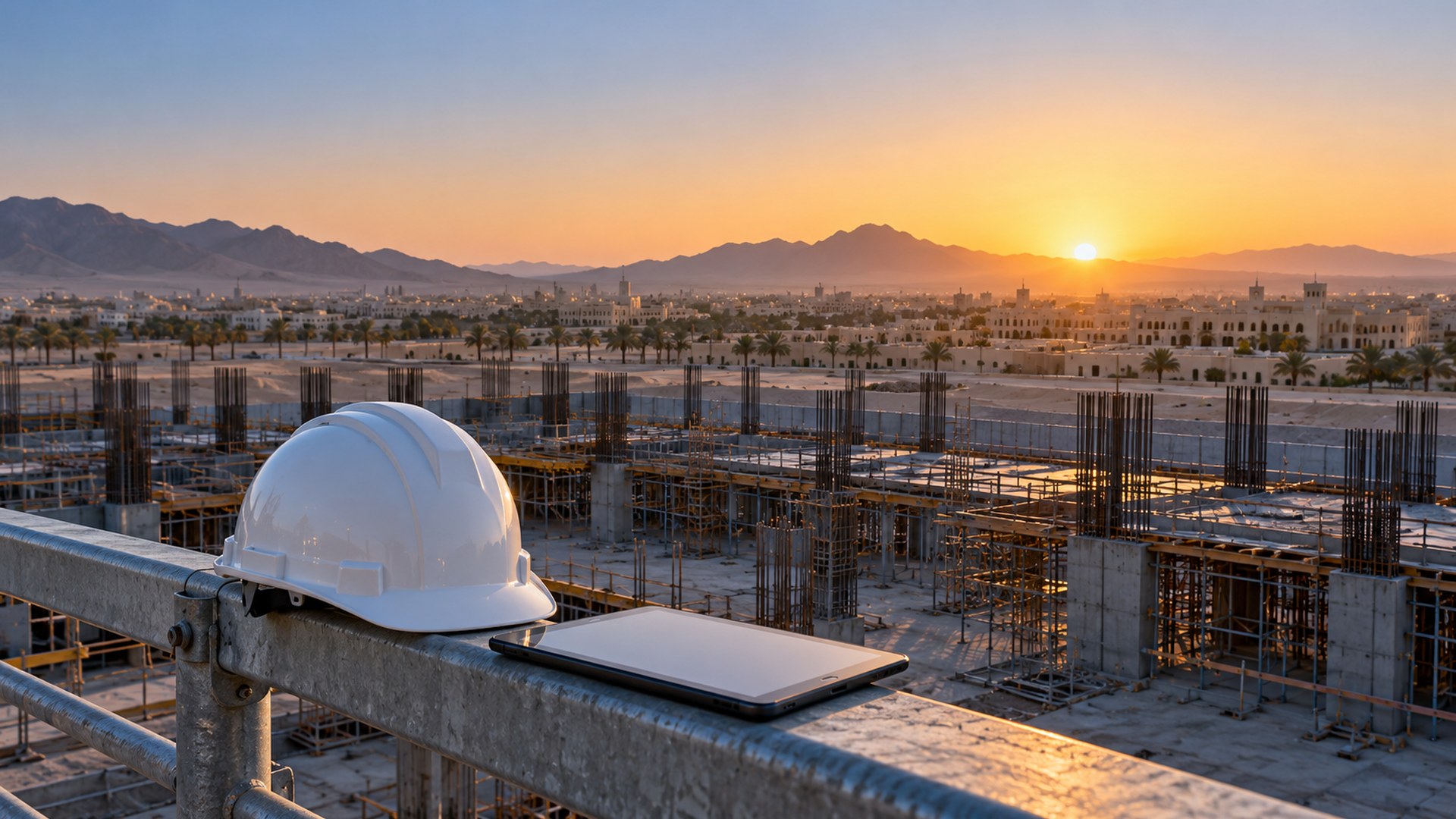 مشرف موقع بخوذة بيضاء يتجول بجهاز لوحي وقت الشروق، من الخلف