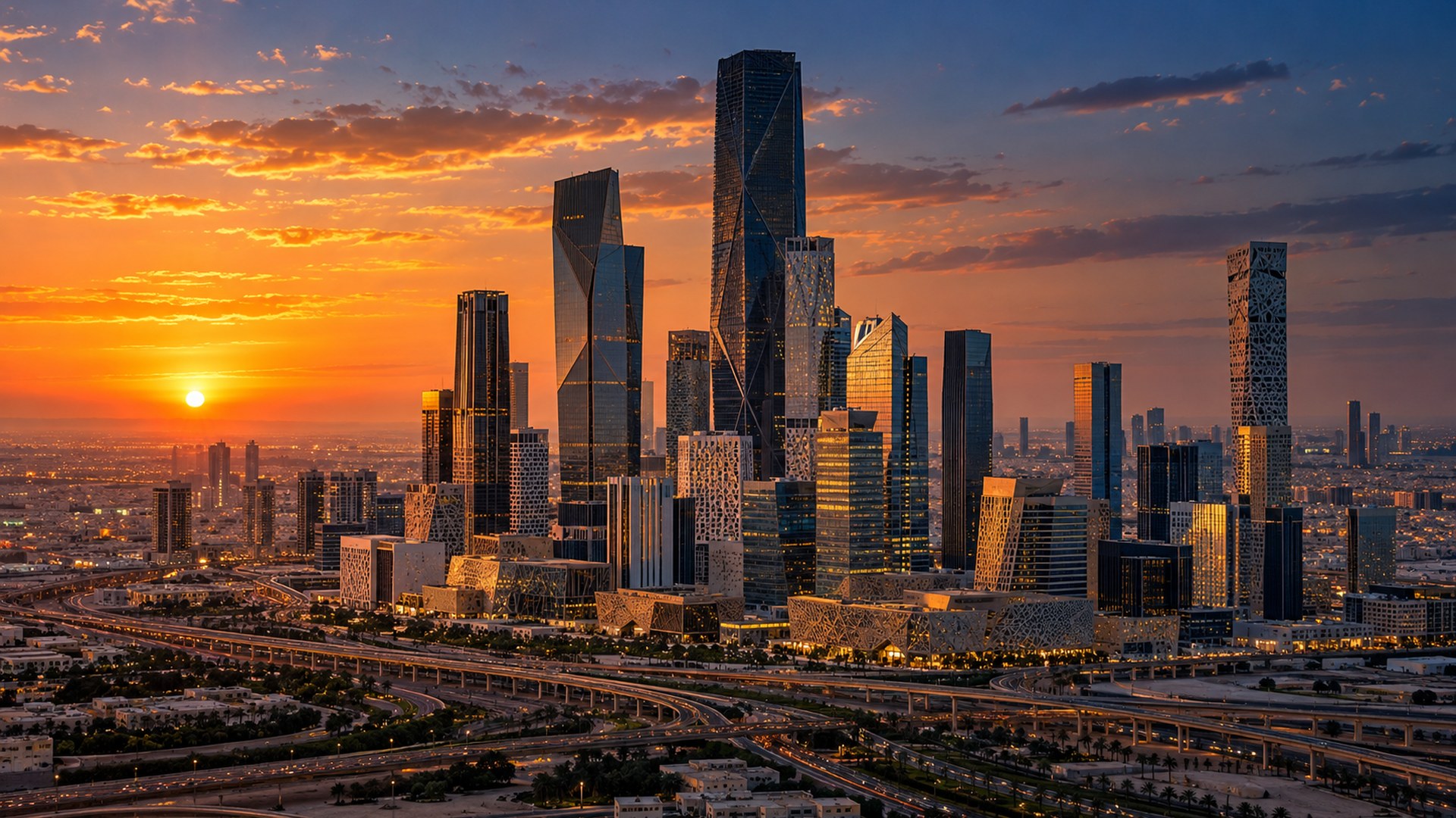 أفق شمال الرياض وأبراج الحي المالي وقت الغروب