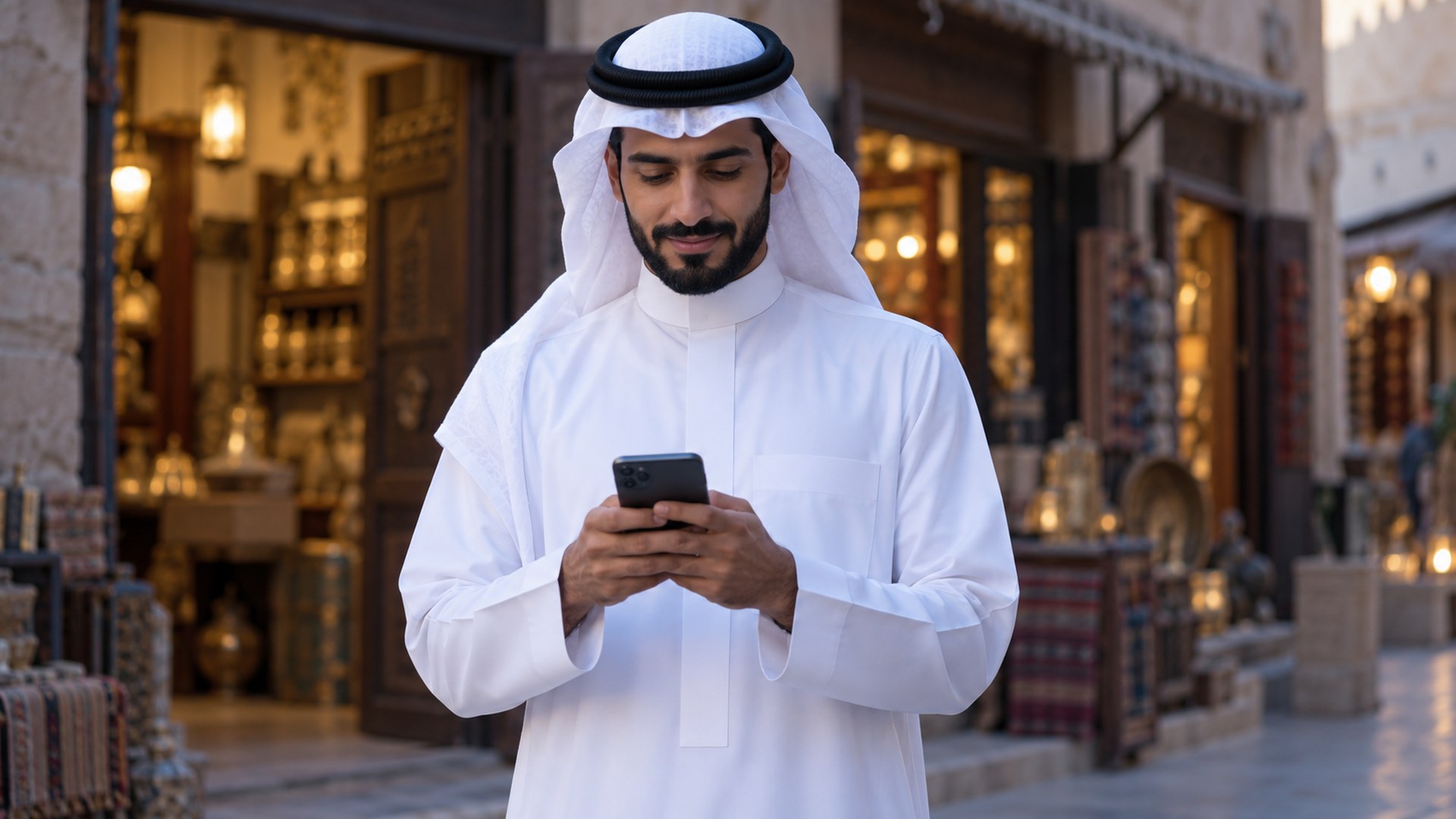 متسوق سعودي يمسك جوالاً أمام واجهة محل تقليدي