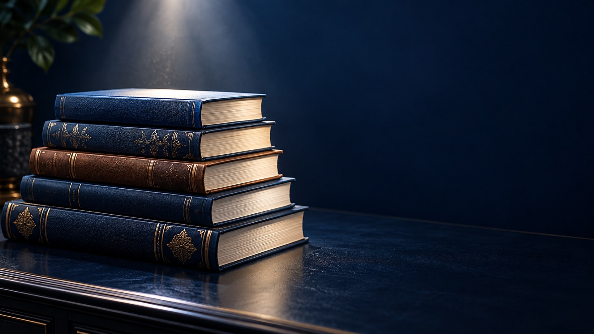 كومة كتب مجلدة تضيء تحت شعاع ناعم على مكتب كحلي