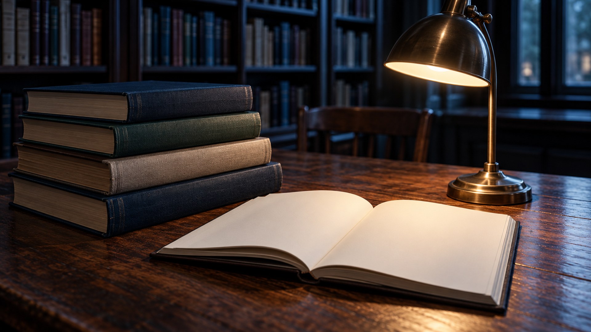 كتب مراجع ومصباح قراءة ودفتر مفتوح على طاولة مكتبة هادئة