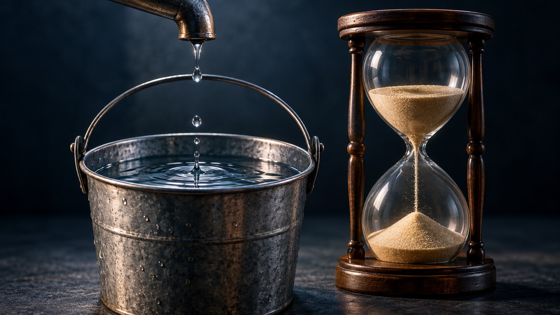قطرات ماء ثابتة تملأ دلواً مع الوقت بجانب ساعة رملية