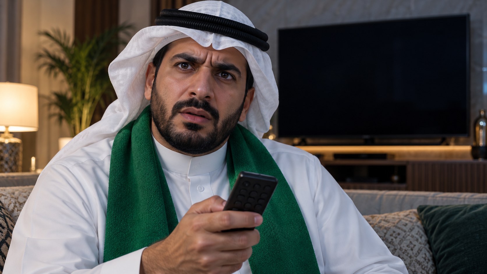 مشجع سعودي محتار يمسك الريموت أمام تلفزيون مطفأ