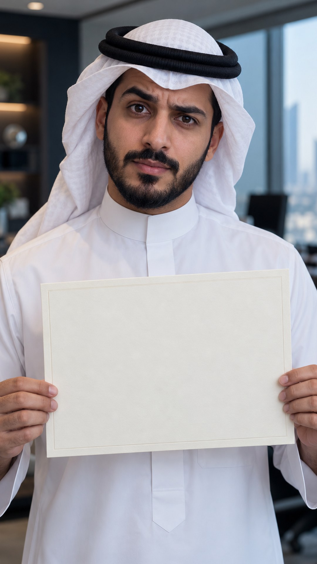 متقدم سعودي يمسك شهادة أكاديمية بنظرة متسائلة