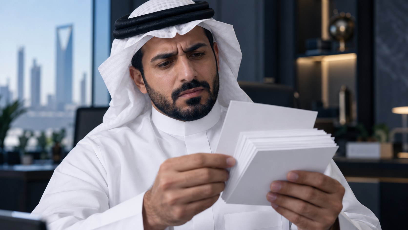 صاحب عمل سعودي محتار أمام كومة سميكة من بطاقات المحتوى