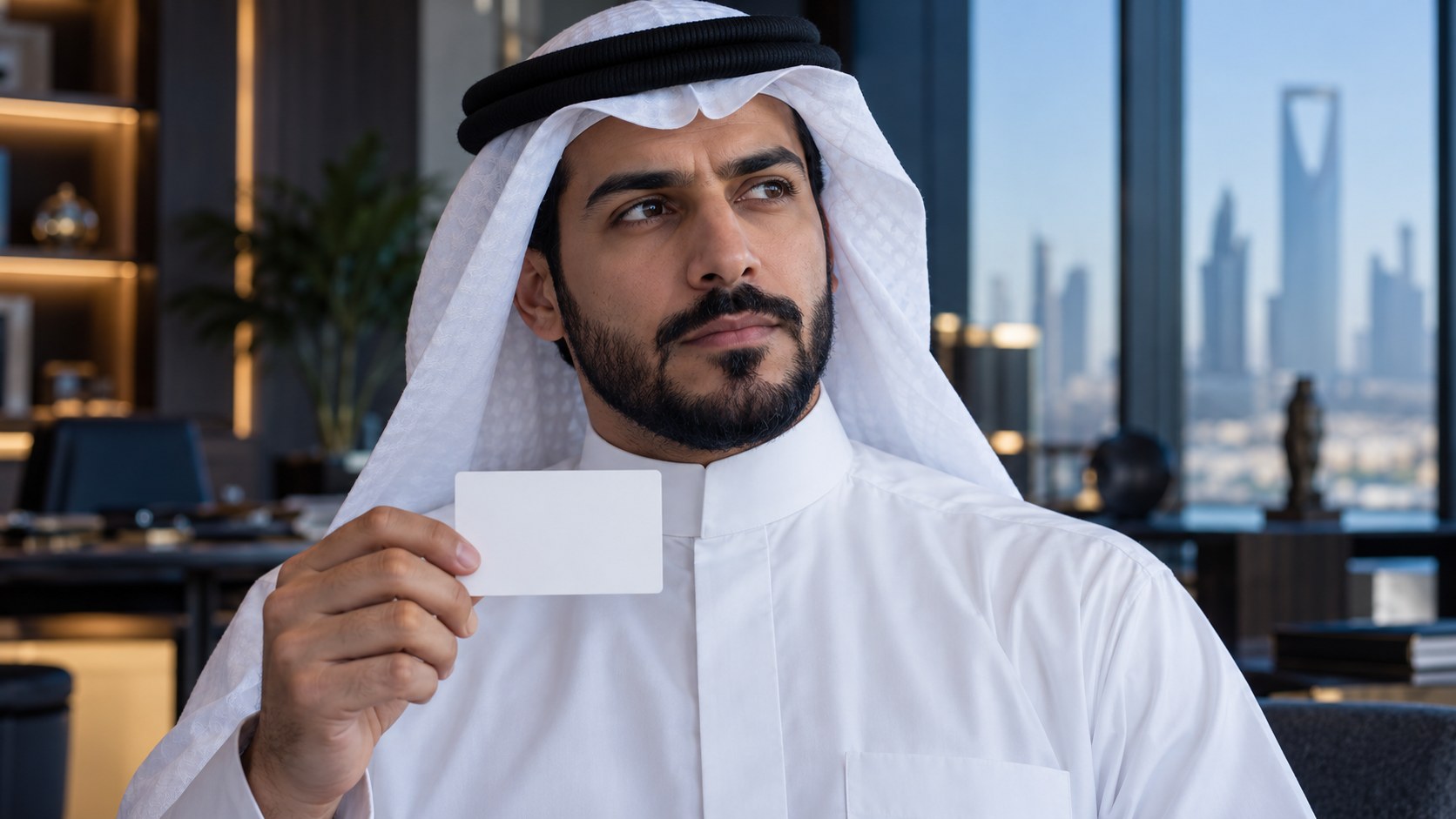 صاحب عمل سعودي يتوقف متأملاً وفي يده بطاقة محتوى واحدة