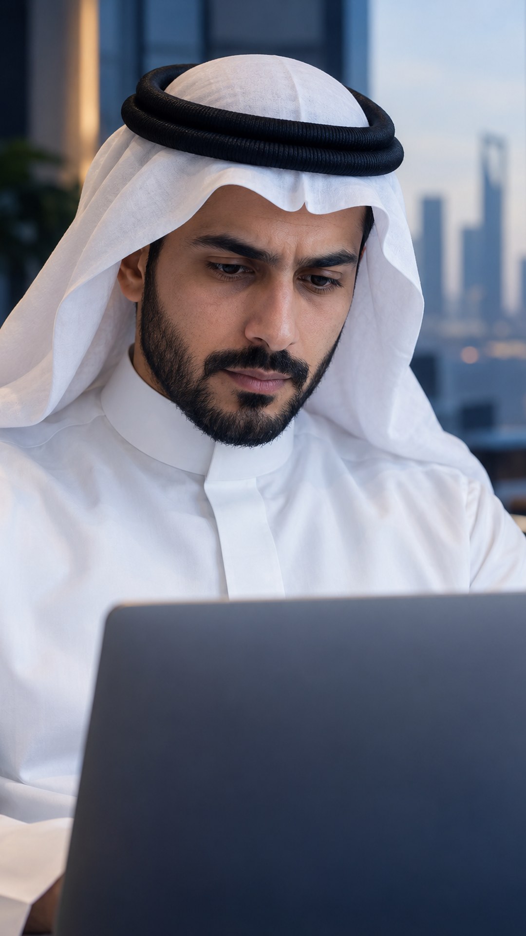 صاحب عمل سعودي يدرس اللابتوب بنظرة متأملة