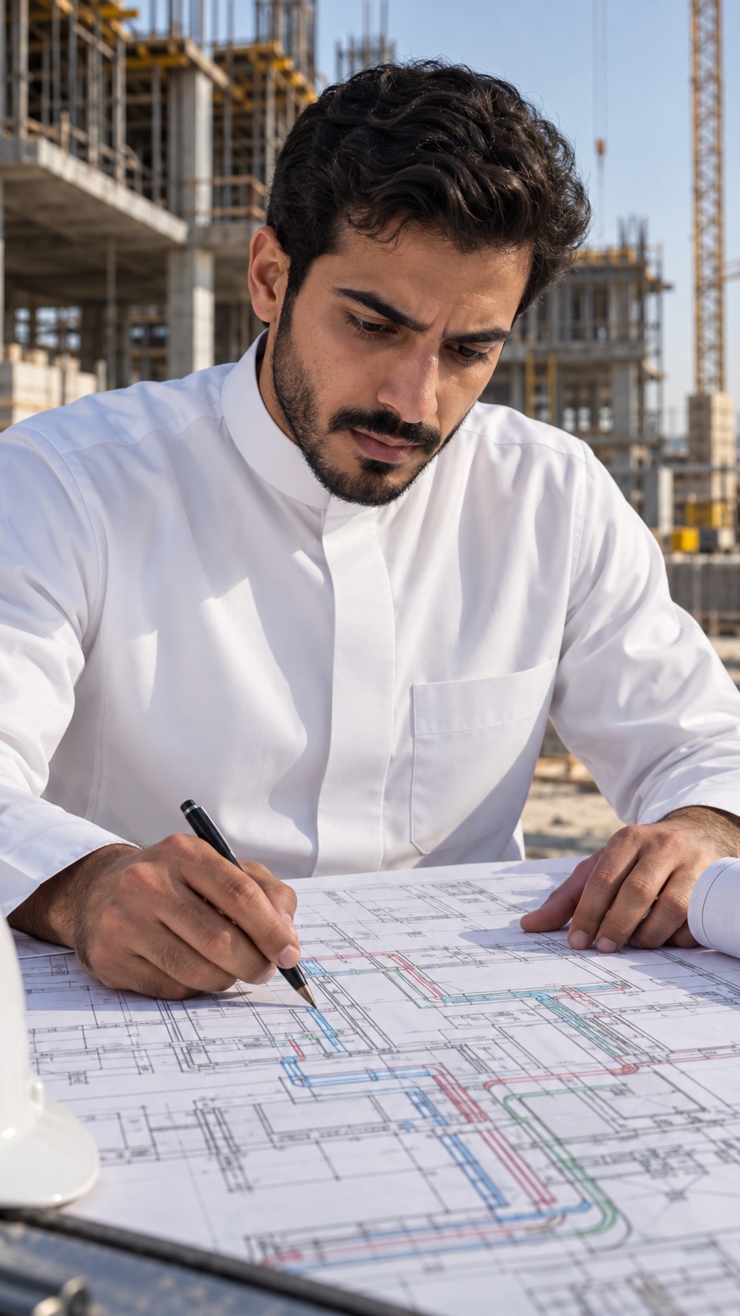 مهندس إنشاءات سعودي يركز على مخططات خدمات المبنى المنسقة في مكتب الموقع