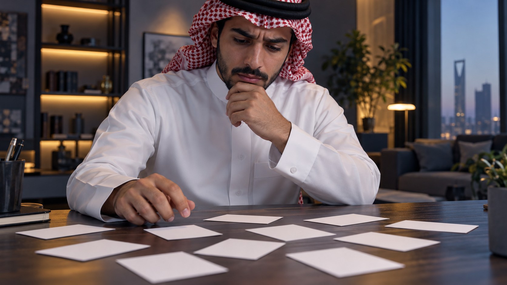 صانع محتوى سعودي متردد أمام بطاقات تخطيط متناثرة