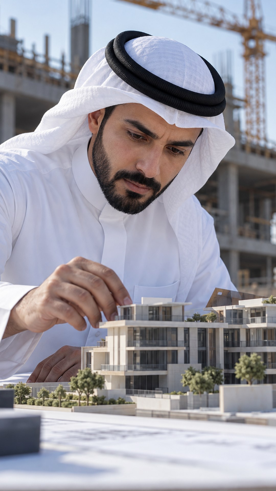 مهندس سعودي يركز على مجسم مبنى في مكتب الموقع