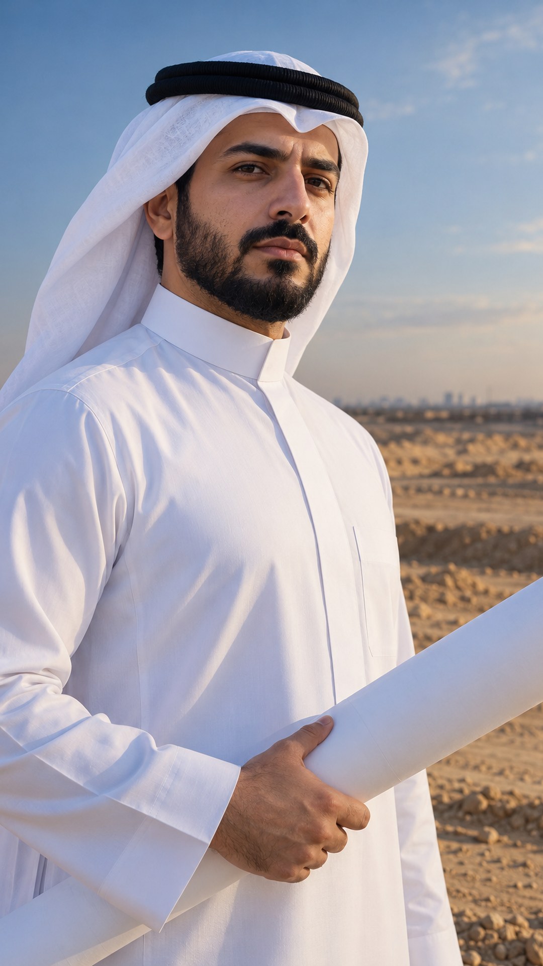 مهندس سعودي يمسك مخطط إنشاء ملفوفاً بجانب أرض لم تُطور