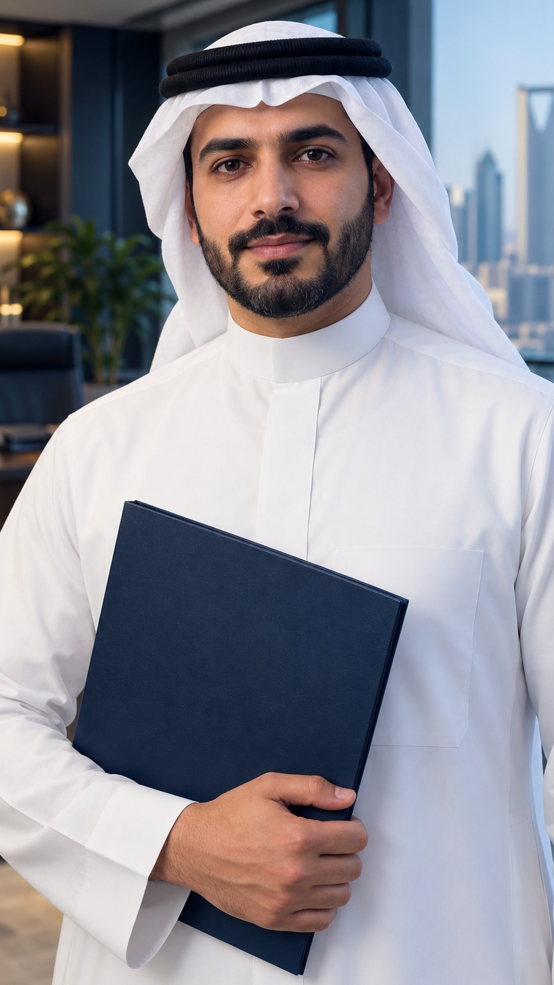 رائد أعمال سعودي يمسك ملف مشروعه قبل اجتماع عمل