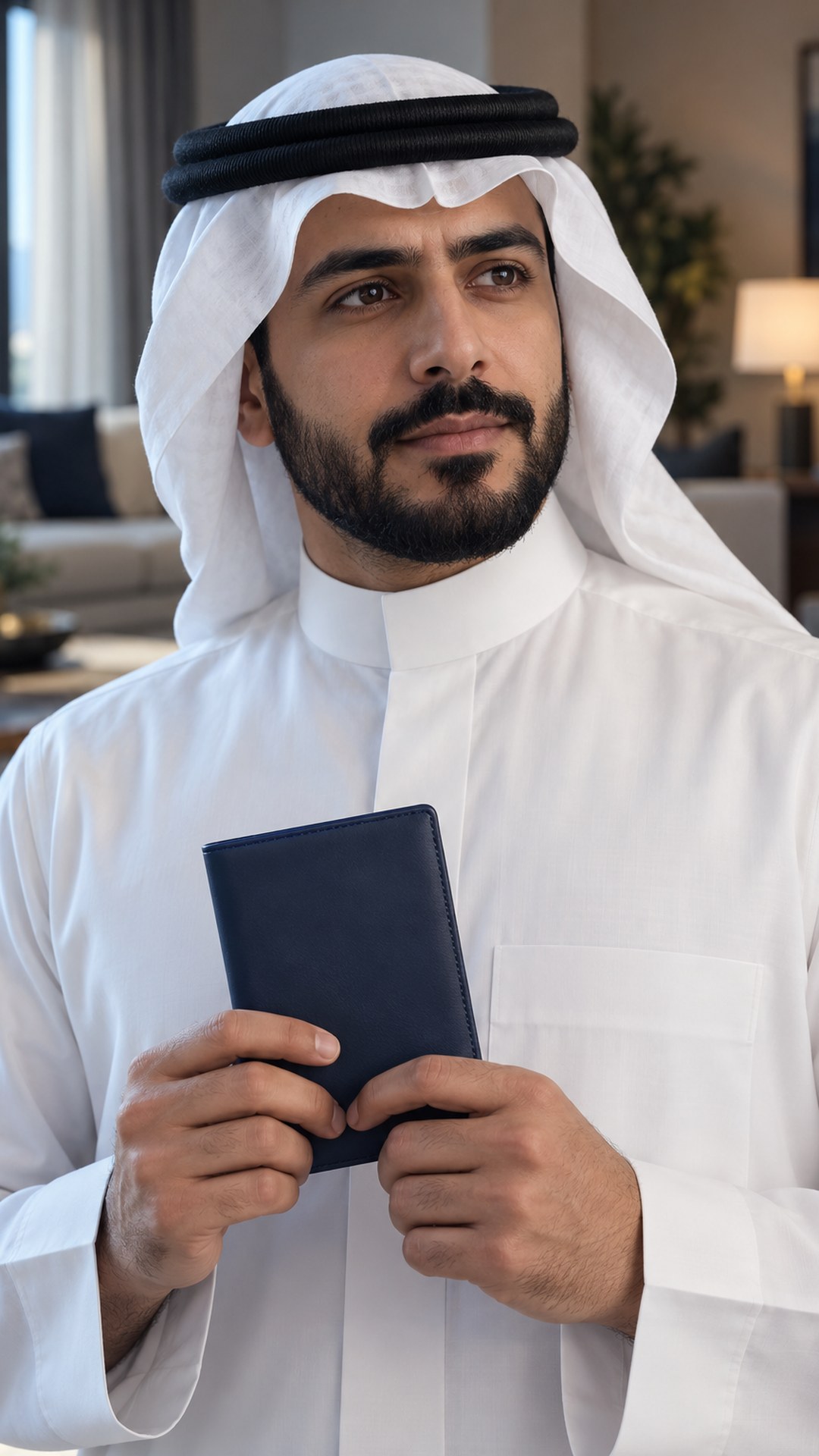 رجل سعودي يمسك محفظة وثائق سفر مغلقة ويتأمل في بيته