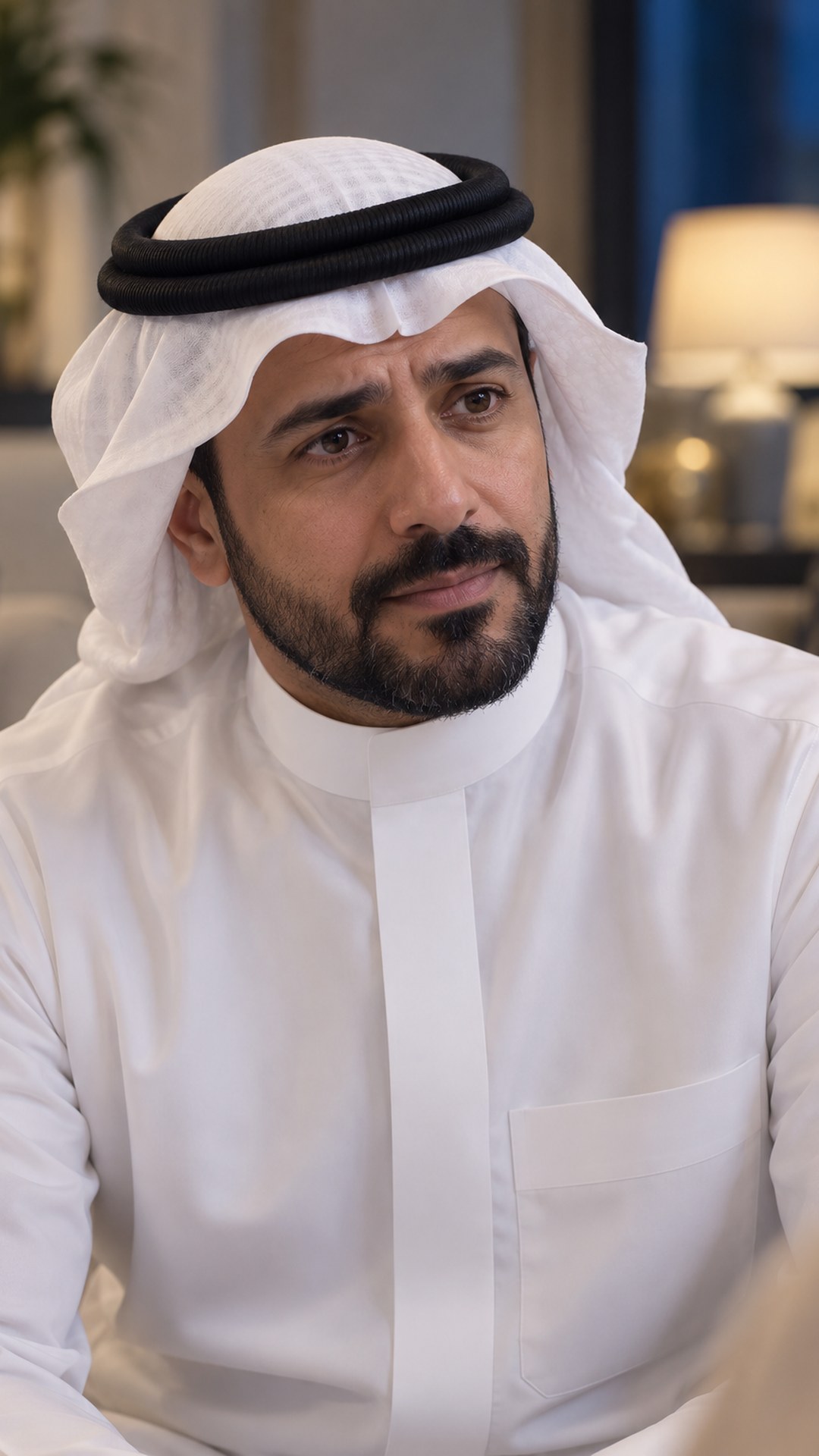 رجل سعودي يستمع بقلق لشخص عزيز في بيت خليجي بإضاءة ناعمة